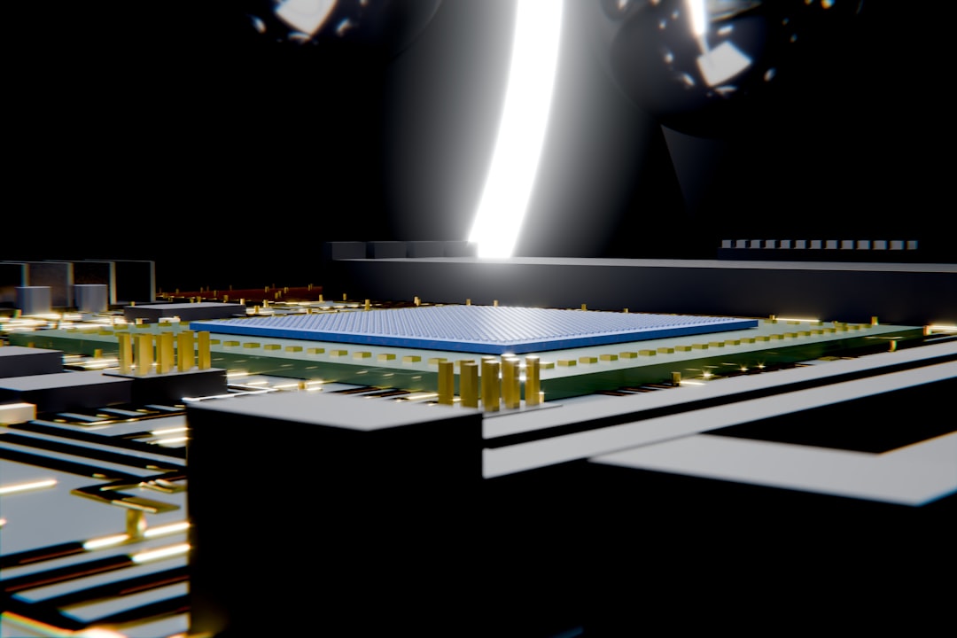 A macro photograph of the intricate, clean pathways on a computer circuit board, illustrating a precisely engineered model for data transmission.
