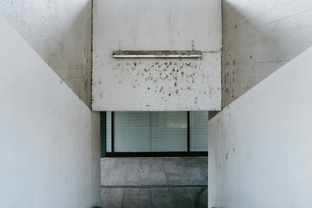 Detailed close-up of a crack running through a modern, minimalist concrete wall, symbolizing architectural drift and the s...